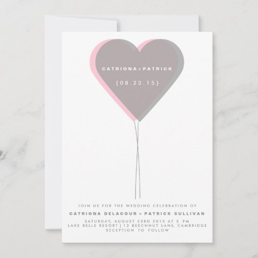 ピンク&グレーツインハートバルーン結婚式招待状 招待状 (正面)