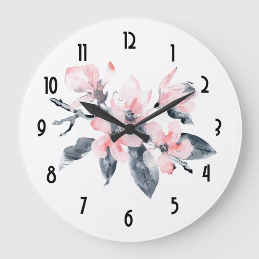 ピンク&グレーフラワーズクラシーウォーターカラー ラージ壁時計 (正面)