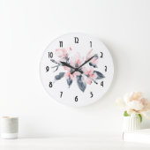 ピンク&グレーフラワーズクラシーウォーターカラー ラージ壁時計 (ホーム)