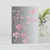 ピンク、グレーフラワー、蝶21招待状 招待状 (スタンド正面)