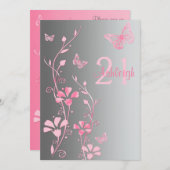 ピンク、グレーフラワー、蝶21招待状 招待状 (正面/裏面)