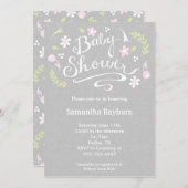 ピンク&グレーフローラベビーシャワー招待状 招待状 (正面/裏面)