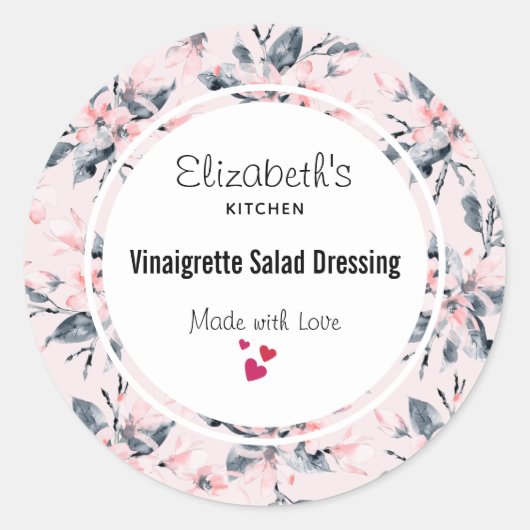 ピンク&グレーフローラ水彩パターンキッチン ラウンドシール (正面)