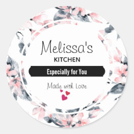 ピンク&グレーフローラ水彩パターンキッチン ラウンドシール