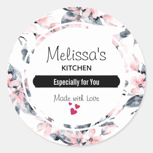 ピンク&グレーフローラ水彩パターンキッチン ラウンドシール (正面)