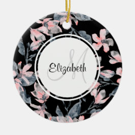 ピンク&グレーフローラ水彩模様モノグラム セラミックオーナメント