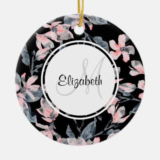 ピンク&グレーフローラ水彩模様モノグラム セラミックオーナメント (正面)