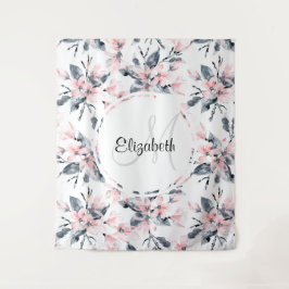 ピンク&グレーフローラ水彩模様モノグラム タペストリー