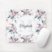 ピンク&グレーフローラ水彩模様モノグラム マウスパッド (マウス)