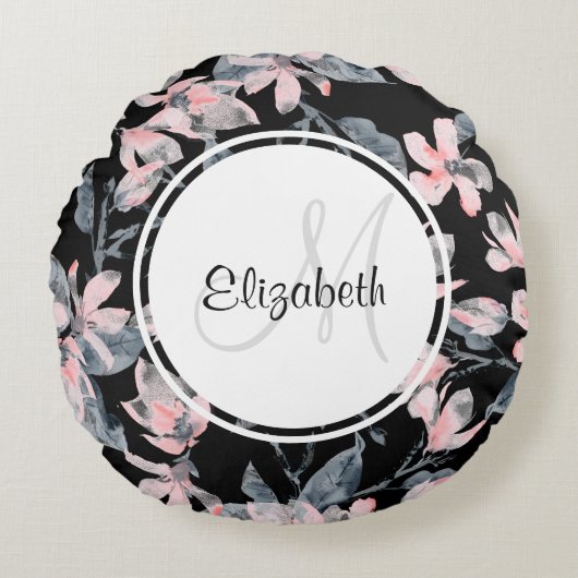 ピンク&グレーフローラ水彩模様モノグラム ラウンドクッション (正面)