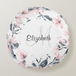 ピンク&グレーフローラ水彩模様モノグラム ラウンドクッション