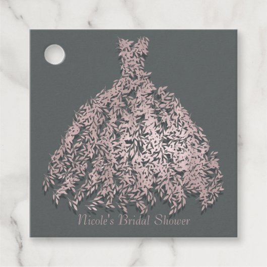 ピンク&グレーボタニカル葉ドレスブライダルシャワー フェイバータグ (正面)