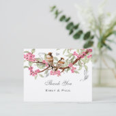 ピンク&グレーヴィンテージラブバードウェディングRSVP サンキューカード (スタンド正面)