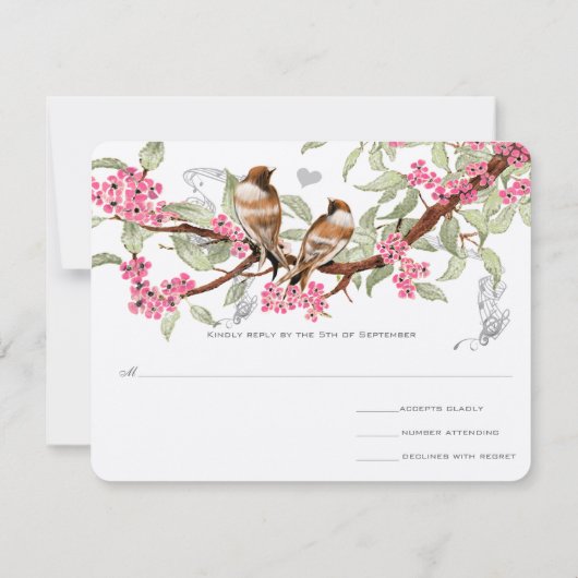 ピンク&グレーヴィンテージラブバードウェディングRSVP 出欠カード (裏面)