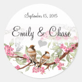 ピンク&グレーヴィンテージラブバード結婚式用シール ラウンドシール (正面)