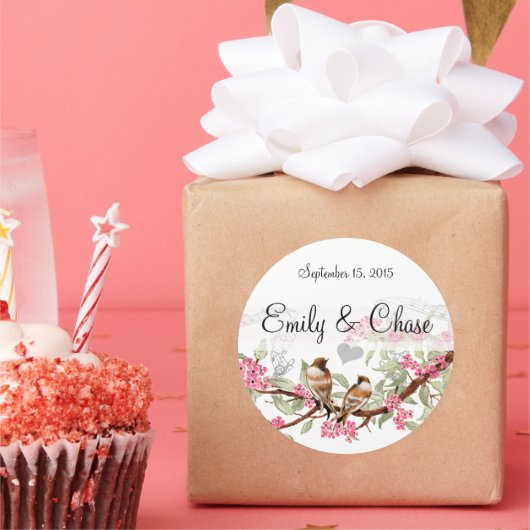 ピンク&グレーヴィンテージラブバード結婚式用シール ラウンドシール (パーティー)