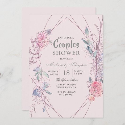 ピンク&グレー幾何学的フローラリースカップルシャワー 招待状 (正面/裏面)