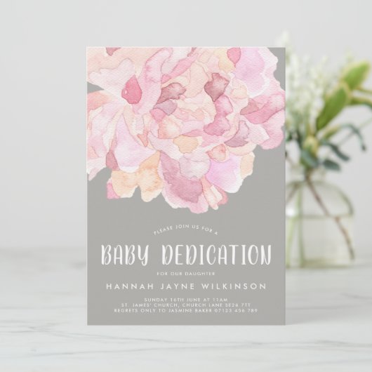 ピンク&グレー牡丹の水の色のベビー献身 招待状 (スタンド正面)