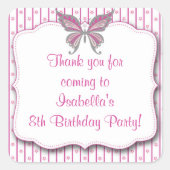 ピンク&グレー蝶の誕生日パーティー好意ステッカー スクエアシール (正面)