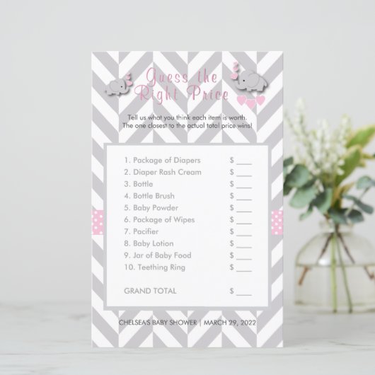 ピンク&グレー象の赤ちゃんシャワー – 価格を推測 (スタンド正面)