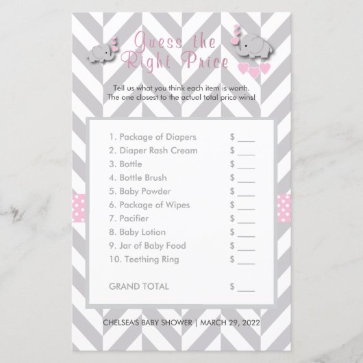 ピンク&グレー象の赤ちゃんシャワー – 価格を推測 (正面)