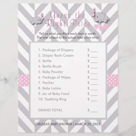 ピンク&グレー象の赤ちゃんシャワー – 価格を推測 チラシ (正面)
