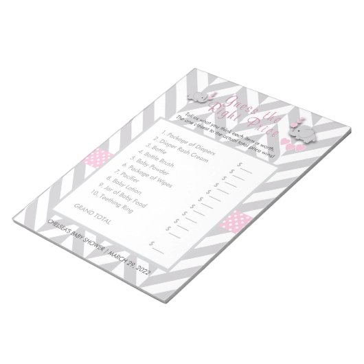 ピンク&グレー象の赤ちゃんシャワー – 価格を推測 ノートパッド (アングル)