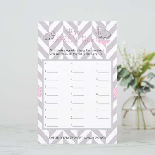 ピンク&グレー象の赤ちゃんシャワー – ABCのゲーム (スタンド正面)