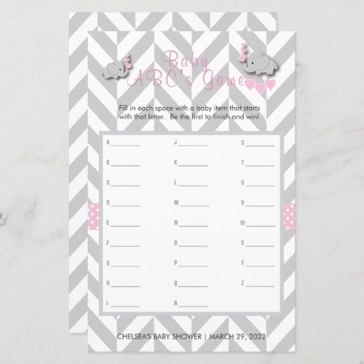 ピンク&グレー象の赤ちゃんシャワー – ABCのゲーム (正面/裏面)