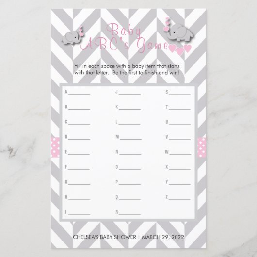 ピンク&グレー象の赤ちゃんシャワー – ABCのゲーム (正面)