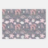 ピンク&グレー赤ちゃん女の子おもちゃハート花 ラッピングペーパーシート (正面)