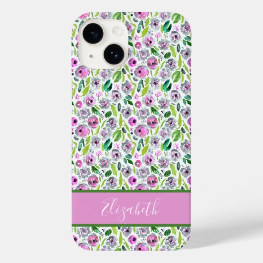 ピンク グレー グリーン ボホー 水彩花柄 モノグラム Case-Mate iPhoneケース (裏面)