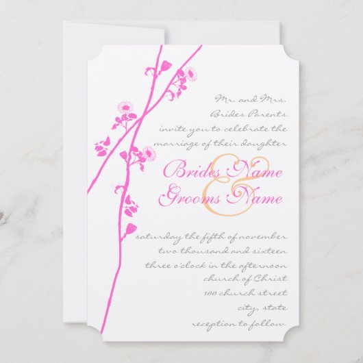 ピンク、グレー、コーラルフラワーブランチの結婚式の招待 招待状 (裏面)