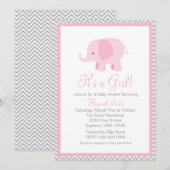 ピンク グレー シェブロン 象ちゃん ガール ベビーシャワー 招待状 (正面/裏面)