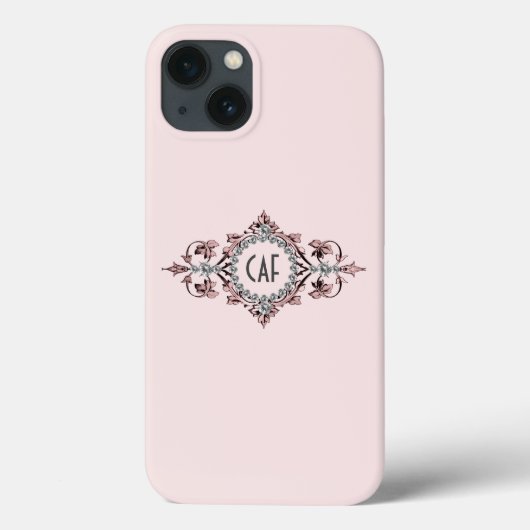 ピンク グレー シルバー フラワーモノグラムイニシャル Case-Mate iPhoneケース (裏面)