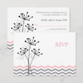ピンク、グレー フラワーチェブロン 結婚式 出席・欠席カード 招待状 (正面/裏面)