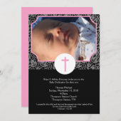 ピンク/グレー/ブラックのバプテスマベビー献身写真5 x 7 招待状 (正面/裏面)
