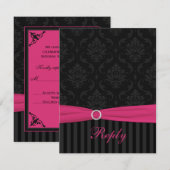 ピンク グレー ブラック ダマスク ストライプ スクロール 返信カード (正面/裏面)