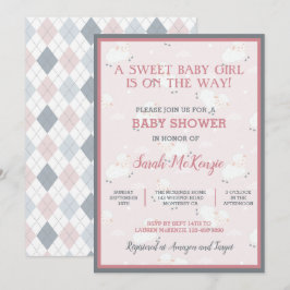 ピンク グレー ホワイト ベビーラムス リーピング ベビーシャワー 招待状