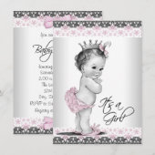ピンク グレー ヴィンテージ プリンセス ベイビー シャワー 招待状 (正面/裏面)