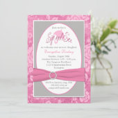 ピンク グレー 白 花柄 お茶会＆ベビーお披露目 招待状 (スタンド正面)