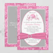 ピンク グレー 白 花柄 お茶会＆ベビーお披露目 招待状 (正面/裏面)