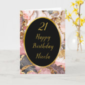 ピンク、グレー、金ゴールド大理石アゲート誕生日パーティー カード (黄色い花)