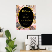 ピンク、グレー、金ゴールド大理石アゲート誕生日パーティー ポスター (ホームオフィス)