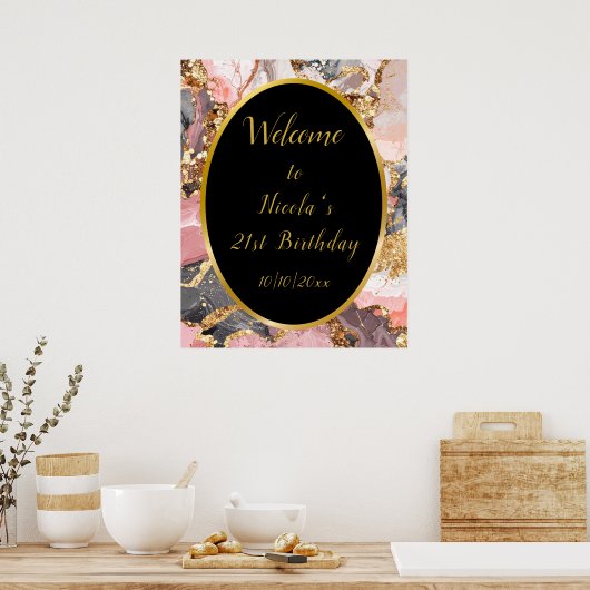 ピンク、グレー、金ゴールド大理石アゲート誕生日パーティー ポスター (キッチン)