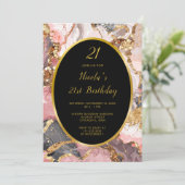 ピンク、グレー、金ゴールド大理石アゲート誕生日パーティー 招待状 (スタンド正面)