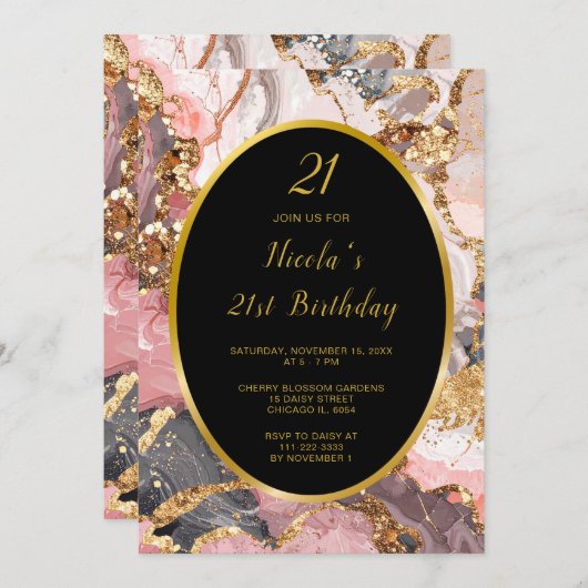 ピンク、グレー、金ゴールド大理石アゲート誕生日パーティー 招待状 (正面/裏面)