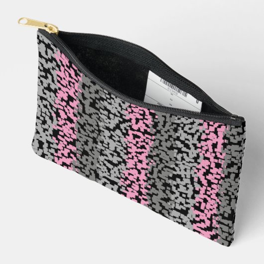 ピンク、グレー、黒のデジタル画素ストライプ色 アクセサリーポーチ (見開き)
