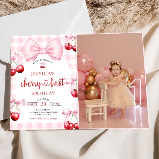 ピンク コケット チェリー 1歳の誕生日パーティー 写真 招待状