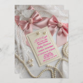 ピンク コケット ボウ パール エレガント リボン パーティー 招待状 (正面/裏面)